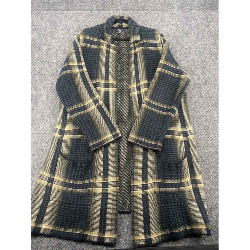 Chaps Plaid Open Front Cardigan Sweater Duster Womens XL Blue Green Knit Pockets